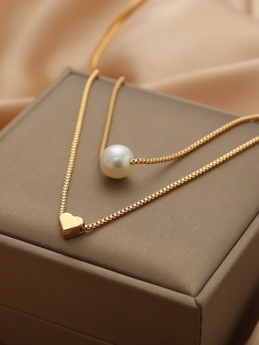 Faux Pearl & Heart Decor Layered Necklace