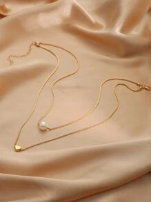 Faux Pearl & Heart Decor Layered Necklace