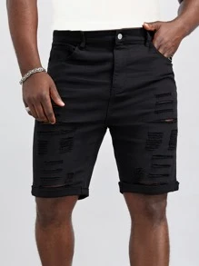 GENTILAND Hombres Shorts mezclilla bermuda algodón desgarro bajo de doblez - Negro - Ver 1