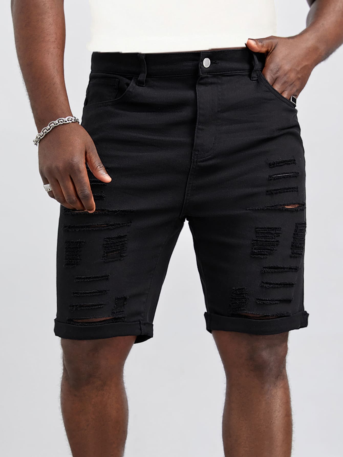 GENTILAND Hombres Shorts mezclilla bermuda algodón desgarro bajo de doblez - Negro - Ver 1