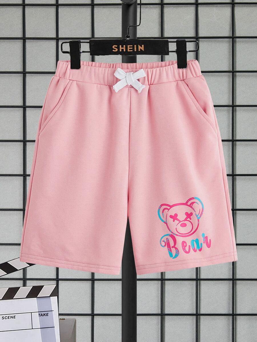 SHEIN Quần Short Trai Dây kéo Túi Hoạt hình Lá thư Giải trí - Màu Hồng baby - Xem 1
