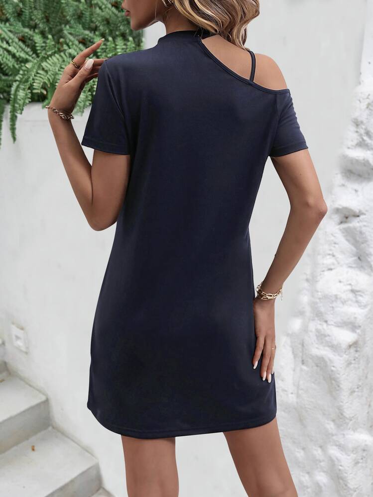 SHEIN LUNE Asymmetrical Neck Tee Dress - Navy Blue - View 2