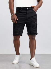 GENTILAND Hombres Shorts mezclilla bermuda algodón desgarro bajo de doblez - Negro - Ver 6