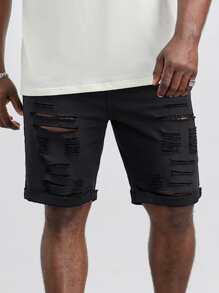 GENTILAND Hombres Shorts mezclilla bermuda algodón desgarro bajo de doblez - Negro - Ver 7