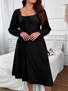 SHEIN Clasi Đầm Plus Size Thắt nút màu trơn Giải trí - màu đen - Xem 3