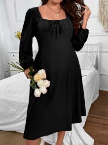 SHEIN Clasi Đầm Plus Size Thắt nút màu trơn Giải trí - màu đen - Xem 5