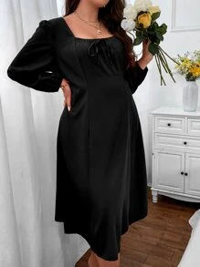 SHEIN Clasi Đầm Plus Size Thắt nút màu trơn Giải trí - màu đen - Xem 7