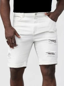 GENTILAND Men Plus Cotton Ripped Frayed Bermuda Denim Shorts - White - View 1