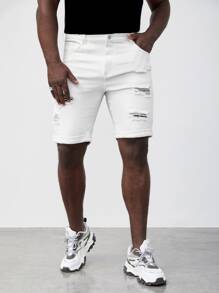 GENTILAND Men Plus Cotton Ripped Frayed Bermuda Denim Shorts - White - View 10