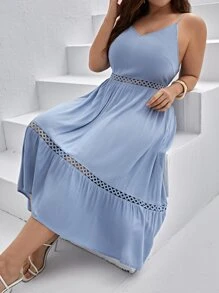 SHEIN VCAY Plus Contrast Lace Ruffle Hem Cami Dress - Baby Blue - View 1