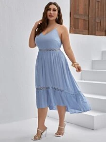 SHEIN VCAY Plus Contrast Lace Ruffle Hem Cami Dress - Baby Blue - View 3