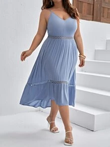 SHEIN VCAY Plus Contrast Lace Ruffle Hem Cami Dress - Baby Blue - View 5