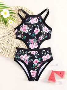 Girls 1pc Floral Print Cut Out Waist Contrast Binding One Piece Swimsuit - Black - View 1