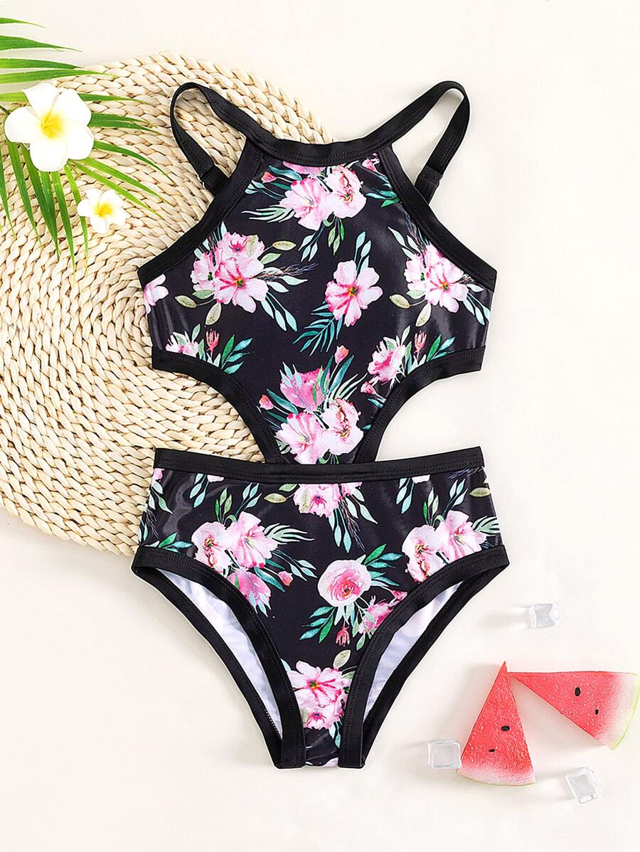 Girls 1pc Floral Print Cut Out Waist Contrast Binding One Piece Swimsuit - Black - View 1