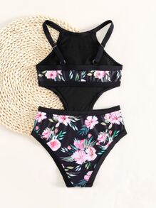 Girls 1pc Floral Print Cut Out Waist Contrast Binding One Piece Swimsuit - Black - View 2