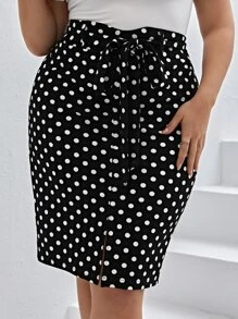 SHEIN Clasi Plus Polka Dot Print Belted Split Hem Skirt - Black and White - View 2
