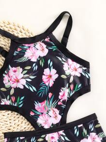 Girls 1pc Floral Print Cut Out Waist Contrast Binding One Piece Swimsuit - Black - View 4