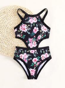 Girls 1pc Floral Print Cut Out Waist Contrast Binding One Piece Swimsuit - Black - View 6