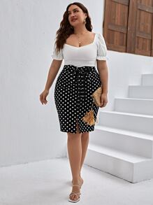 SHEIN Clasi Plus Polka Dot Print Belted Split Hem Skirt - Black and White - View 4