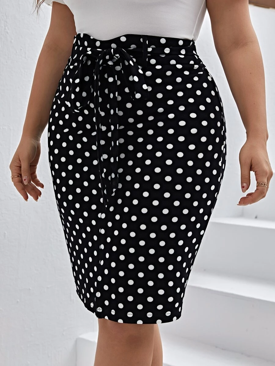 SHEIN Clasi Plus Polka Dot Print Belted Split Hem Skirt - Black and White - View 1