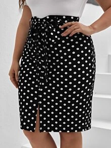 SHEIN Clasi Plus Polka Dot Print Belted Split Hem Skirt - Black and White - View 7