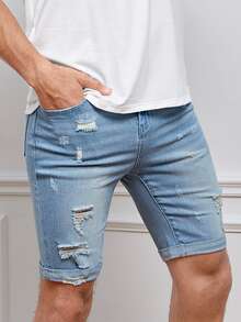 GENTILAND Hombres Shorts en mezclilla desgarro crudo con bolsillo oblicuo - Lavado ligero - Ver 2
