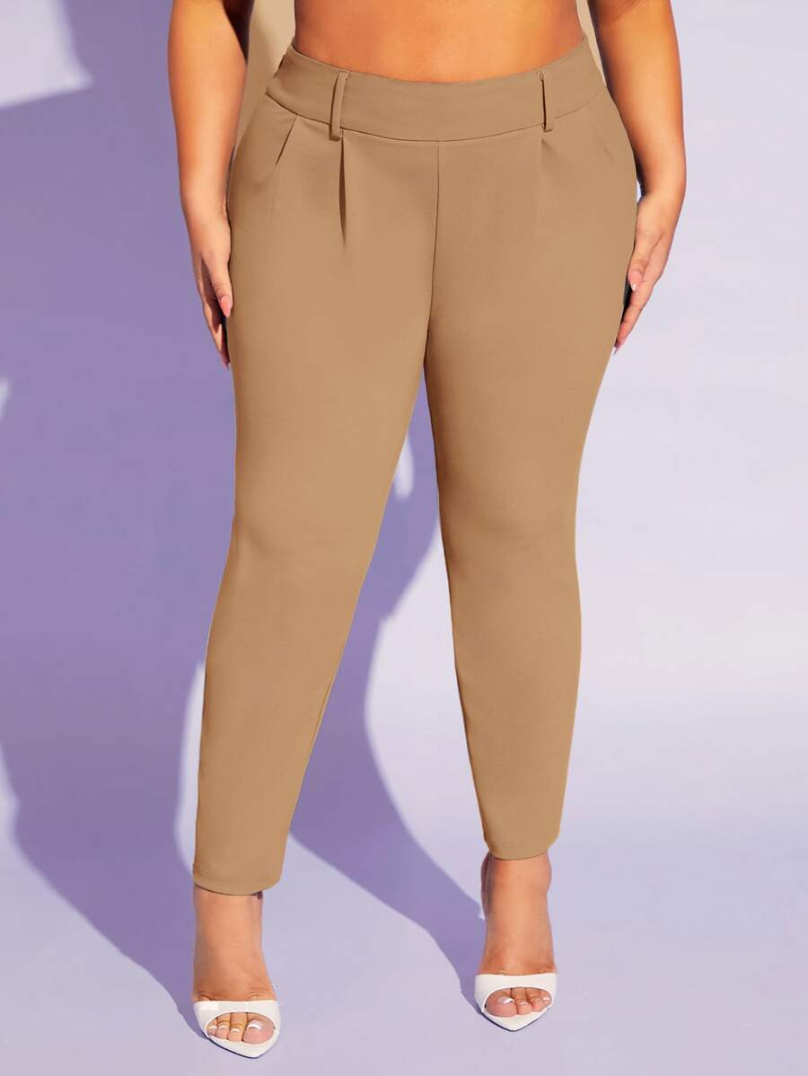 SHEIN SXY 大碼素色斜口袋緊身褲 - 卡其色 - 查看 1