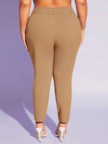 SHEIN SXY 大碼素色斜口袋緊身褲 - 卡其色 - 查看 2