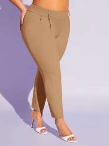 SHEIN SXY 大碼素色斜口袋緊身褲 - 卡其色 - 查看 3