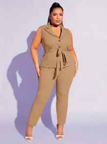 SHEIN SXY 大碼素色斜口袋緊身褲 - 卡其色 - 查看 4