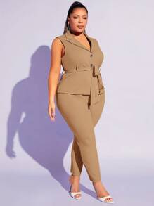 SHEIN SXY 大碼素色斜口袋緊身褲 - 卡其色 - 查看 5