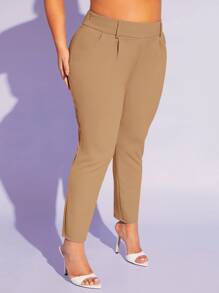 SHEIN SXY 大碼素色斜口袋緊身褲 - 卡其色 - 查看 6