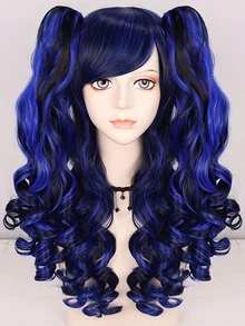 Peluca sintética cosplay largo rizado con tupe - Azul - Ver 3