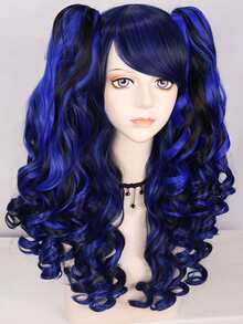 Peluca sintética cosplay largo rizado con tupe - Azul - Ver 4