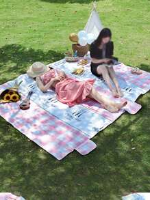 WHICHLIFE 1pc Plaid Print Outdoor Picnic Mat, Modern Geometric Pattern Polyester Picnic Blanket For Outdoor - Pink - View 1