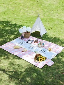 WHICHLIFE 1pc Plaid Print Outdoor Picnic Mat, Modern Geometric Pattern Polyester Picnic Blanket For Outdoor - Pink - View 5