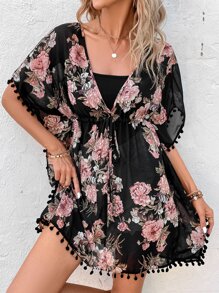 SHEIN VCAY Floral Print Batwing Sleeve Drawstring Waist Chiffon Dress - Multicolor - View 7