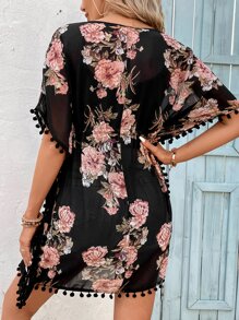 SHEIN VCAY Floral Print Batwing Sleeve Drawstring Waist Chiffon Dress - Multicolor - View 2