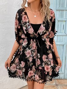SHEIN VCAY Floral Print Batwing Sleeve Drawstring Waist Chiffon Dress - Multicolor - View 1
