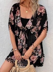 SHEIN VCAY Floral Print Batwing Sleeve Drawstring Waist Chiffon Dress - Multicolor - View 5