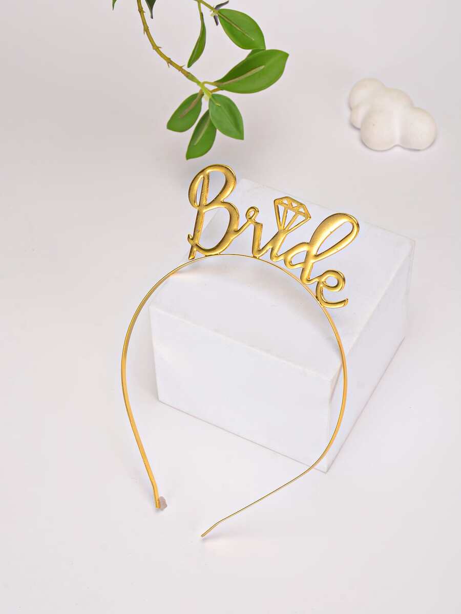 1入組字母裝飾派對髮帶、現代鑽石和字母裝飾鐵藝派對髮箍適合婚禮 - 金色 - 查看 1