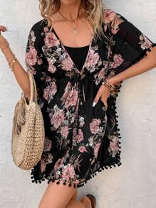 SHEIN VCAY Floral Print Batwing Sleeve Drawstring Waist Chiffon Dress - Multicolor - View 4