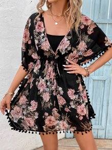 SHEIN VCAY Floral Print Batwing Sleeve Drawstring Waist Chiffon Dress - Multicolor - View 3