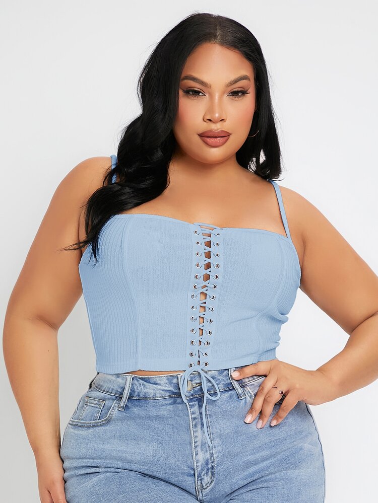 SHEIN SXY Áo hai dây Plus Size Ren lên Thùa khuyết Gân đan màu trơn Giải trí - Màu xanh nhạt - Xem 1