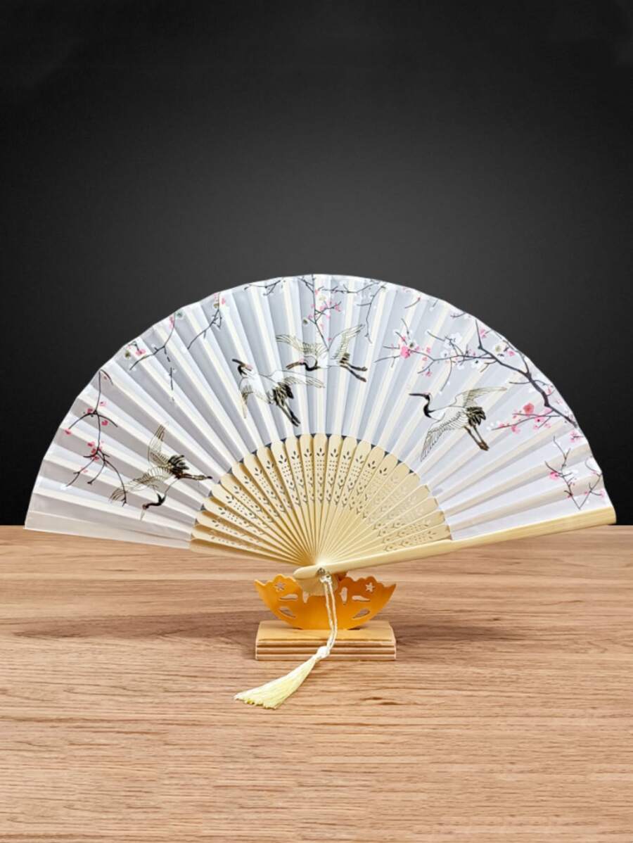 1入組竹子折扇花朵圖案流蘇裝飾手動扇子 - 彩色 - 查看 1