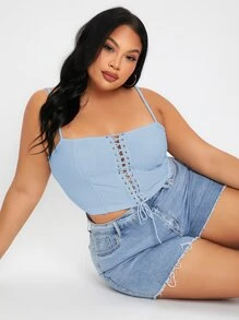 SHEIN SXY 大碼前繫帶吊帶上衣 - 淺藍色 - 查看 3