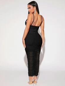 SHEIN SXY Ruched Mesh Bodycon Dress - Black - View 4