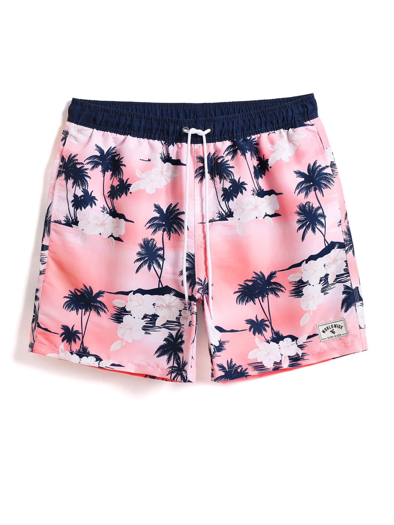Manfinity Hombres Shorts de natación con estampado de árbol de coco de cintura con cordón - Rosa - Ver 1