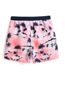 Manfinity Hombres Shorts de natación con estampado de árbol de coco de cintura con cordón - Rosa - Ver 2
