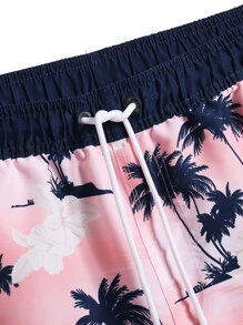 Manfinity Hombres Shorts de natación con estampado de árbol de coco de cintura con cordón - Rosa - Ver 3